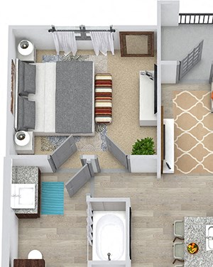 Hall 3D 3D Hall 1 bedroom floor plan apartment. Entry closet, in-unit washer/dryer. Lshaped kitchen with island. living area. 1 bath with walk-in closet. balcony.